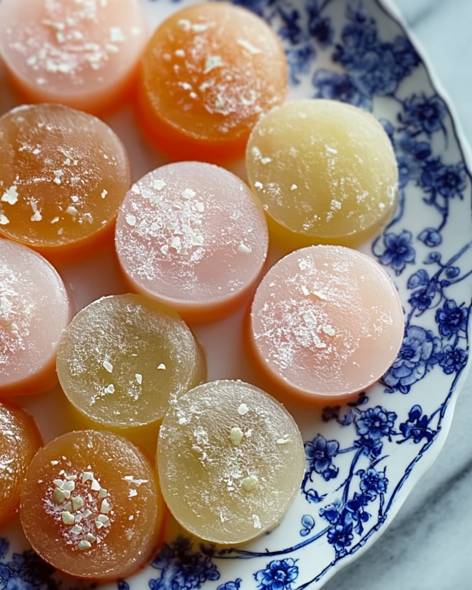 The image shows a white plate with blue floral patterns filled with small round sweets, each about one layer thick. The sweets have a translucent, jelly-like texture and come in soft pastel colors like light orange, pale yellow, and light pink. Each piece has white flaky bits scattered on top and slightly embedded within, giving a frosted look. The sweets are arranged close together with no extra decorations or layers. The plate rests on a white marbled surface. photo taken with an iphone --ar 4:5 --v 7