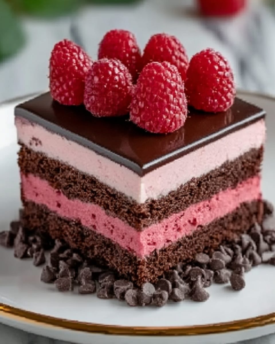 The image shows a square piece of layered cake on a white plate with a golden rim. The cake has four visible layers: the bottom and second layers are dark chocolate sponge with a rough texture, the third layer is a smooth, bright pink cream layer, and the top layer is a glossy, dark chocolate ganache. On top of the cake, there is a row of fresh red raspberries. Around the cake on the plate, there are scattered small dark chocolate chips. The background is a white marbled surface. photo taken with an iphone --ar 4:5 --v 7