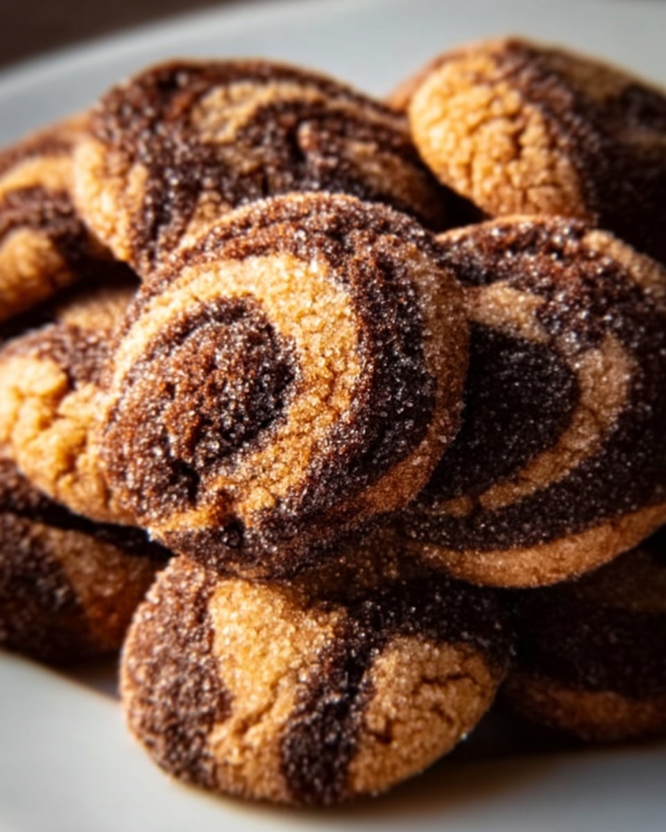 A close-up image of several small round cookies stacked on a white plate, each cookie showing a cracked surface with a dark brown color and a coating of sugar crystals, giving them a slightly shiny and textured look. The cookies have deep grooves and ridges that emphasize their cracked appearance, with some areas darker than others, showing a mix of chocolate and cinnamon tones. The plate sits on a white marbled surface, and soft natural light highlights the sugar and cracks, creating a warm, inviting feel. Photo taken with an iphone --ar 4:5 --v 7
