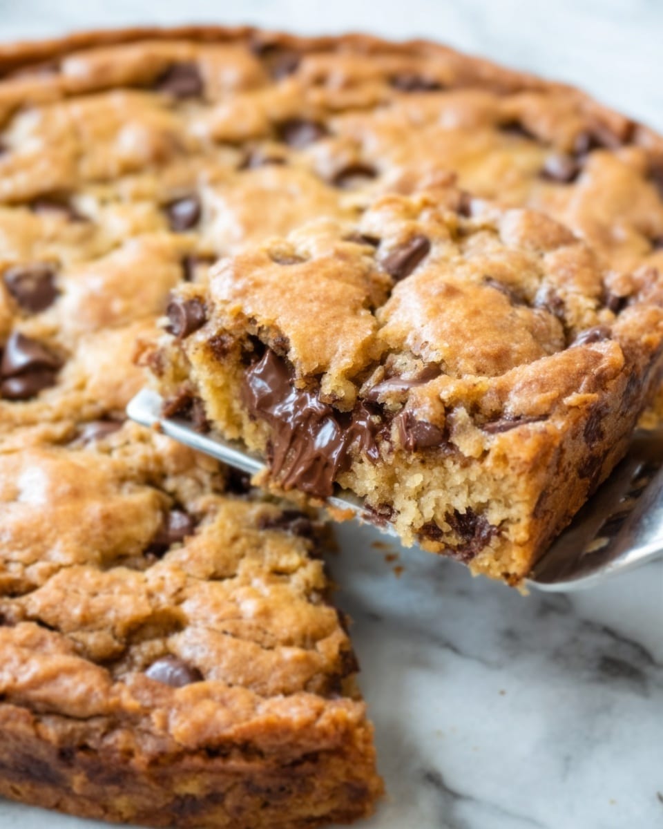 A close-up of a large round chocolate chip cookie with a slightly golden brown top, visible chocolate chunks scattered throughout, and a soft, chewy texture. A woman’s hand is lifting a piece with a silver knife, revealing a gooey and moist inside that contrasts with the crispy edges. The cookie is placed on a white plate set on a white marbled surface. photo taken with an iphone --ar 4:5 --v 7