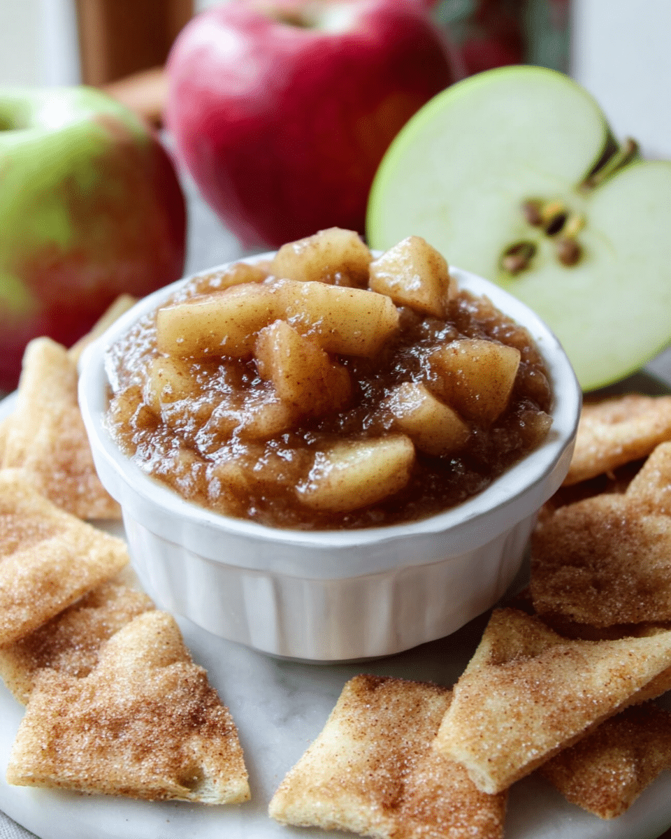 The image shows a small white bowl filled with chunky, cooked apple pieces coated in a glossy, cinnamon-brown sauce. The apple filling looks soft and juicy with visible cinnamon specks. The bowl is placed on a white marbled surface and is surrounded by crispy, golden-brown cinnamon-sugar crackers that have a rough texture. In the background, there are whole red and green apples out of focus, adding a fresh feeling to the scene. photo taken with an iphone --ar 4:5 --v 7
