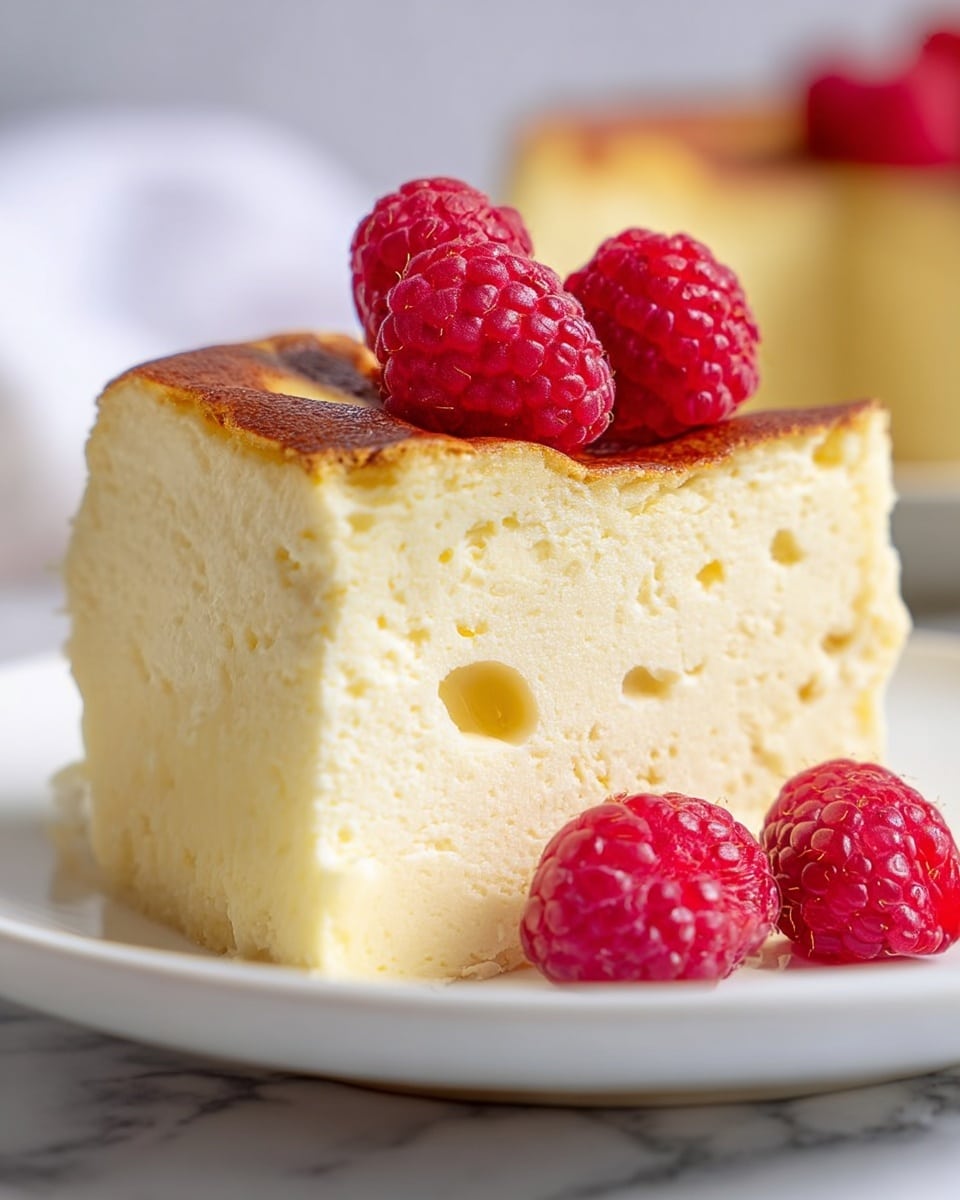 A thick slice of light yellow cheesecake with a slightly browned, crispy top sits on a white plate on a white marbled surface. The cheesecake has a smooth, creamy texture with small air pockets inside. On top, several bright red raspberries add a fresh pop of color, and a few more raspberries are placed in the front on the plate. The overall look is soft and inviting with a simple, fresh decoration. photo taken with an iphone --ar 4:5 --v 7
