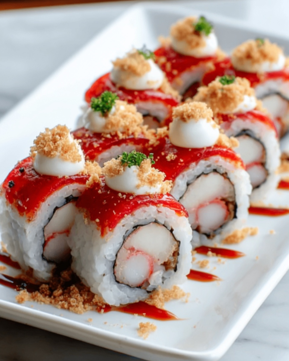 The image shows a close-up of six sushi rolls neatly arranged in two rows on a white rectangular plate, placed on a white marbled surface. Each roll has three layers: a bottom layer of shiny white rice, a middle layer of dark seaweed wrapped around a piece of fresh, bright red raw fish and white cream cheese, and a top layer of thin slices of fresh, red fish with a glossy texture. The sushi is topped with light brown crunchy crumbs and small white dollops, with a drizzle of bright red sauce around and on the rolls. Photo taken with an iphone --ar 4:5 --v 7