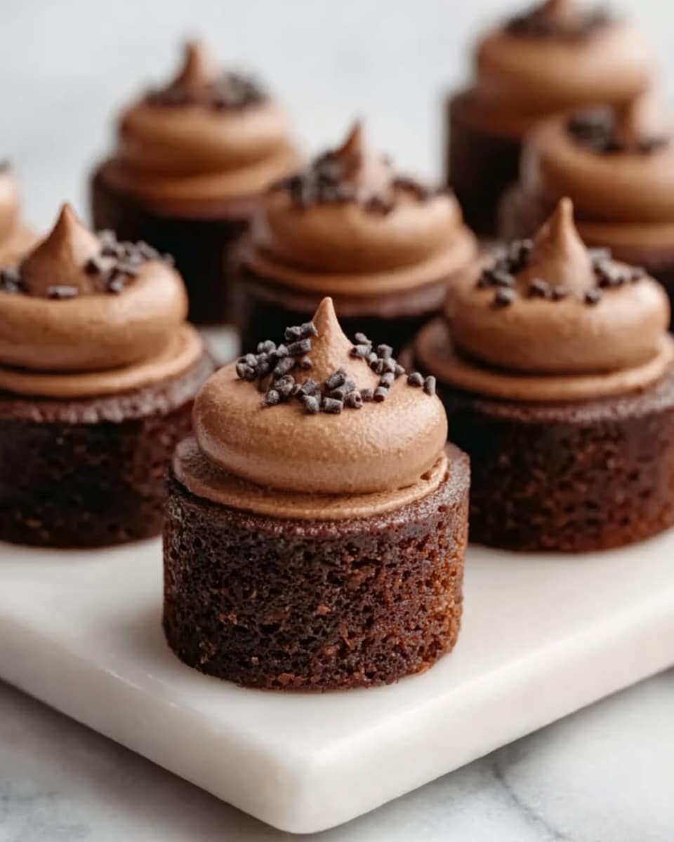 The image shows several small chocolate cakes arranged on a white marbled surface. Each cake has two layers: a dense, dark brown chocolate base, and a smooth, rich chocolate frosting on top in a lighter brown color. The frosting is swirled neatly and decorated with small pieces of chocolate or nibs. The cakes are evenly spaced, with one cake in the front in clear focus and the others softly blurred behind it. The lighting highlights the glossy texture of the frosting. photo taken with an iphone --ar 4:5 --v 7