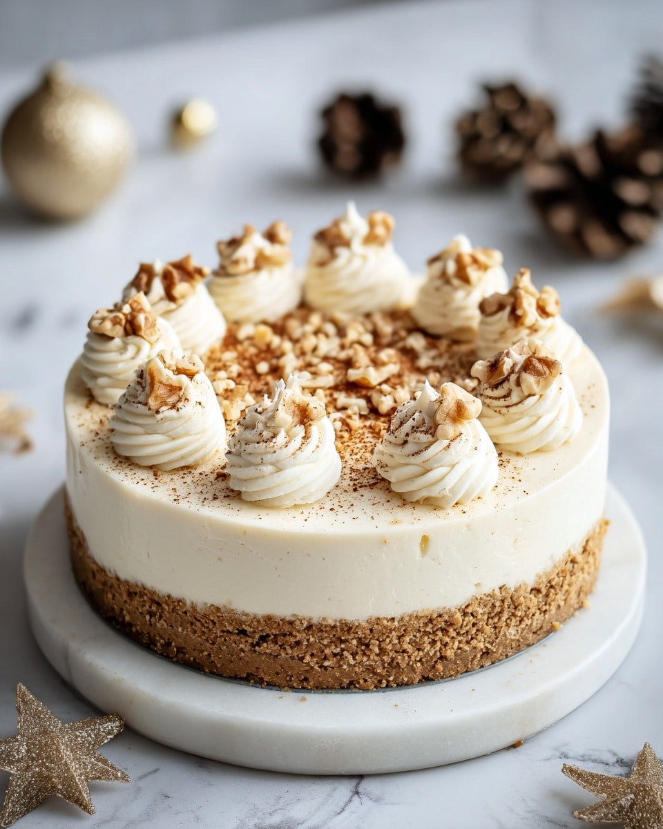 A round dessert with two clear layers is placed on a white marble surface; the bottom layer is a crumbly light brown crust, and the top layer is a smooth creamy off-white filling. On top, there are eight evenly spaced swirls of whipped cream, each sprinkled with cinnamon and small walnut pieces. The cake is surrounded by pine cones and small golden decorative balls that add a festive feel. photo taken with an iphone --ar 4:5 --v 7