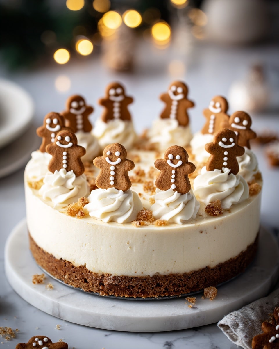 A round cheesecake with two layers is placed on a white marbled cake stand; the bottom layer is a thick, crumbly brown crust, and the top layer is smooth, creamy white cheesecake. On top, there are eight small gingerbread cookies standing upright, each decorated with simple white icing faces, smiling or surprised. Each cookie is partially surrounded by a swirl of white whipped cream. Light brown crumbs are sprinkled around the top, adding texture. The background shows soft, warm lights and blurred festive decor on a white marbled surface. photo taken with an iphone --ar 4:5 --v 7
