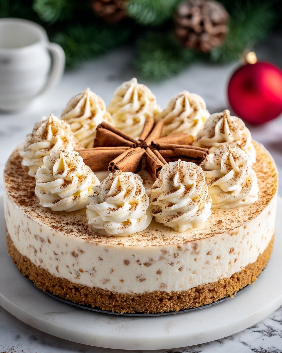 A round cheesecake with two distinct layers sits on a white marbled round board; the bottom layer is a crumbly brown crust with a rough texture, and the top layer is thick, smooth, and creamy white filling dusted lightly with cinnamon powder on the sides. On top, there are ten evenly spaced swirls of white whipped cream sprinkled with cinnamon, and in the center, there are several cinnamon sticks arranged like a star. The background shows blurred festive green pine branches and red ornaments. photo taken with an iphone --ar 4:5 --v 7