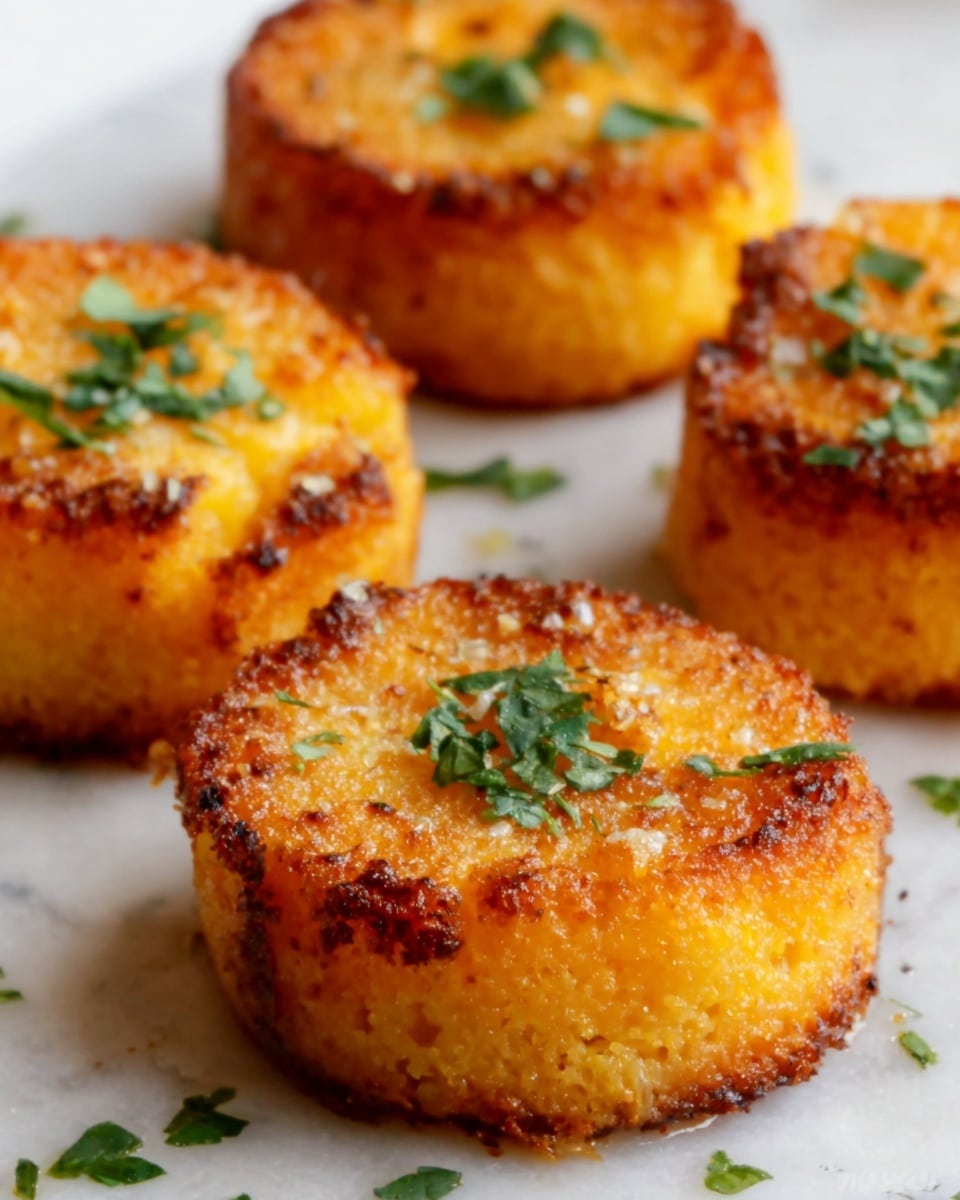 The image shows four small, round patties with a golden-brown crust on the outside, clearly crispy and textured, resting on a white plate. Each patty has a slightly uneven, crumbly surface with small browned spots and bits of herbs visible, especially a few green leaves scattered on and around them. The patties have a moist, soft orange interior that contrasts with the crunchy outside. The background is a clean white marbled surface, adding a bright, fresh look to the scene. photo taken with an iphone --ar 4:5 --v 7