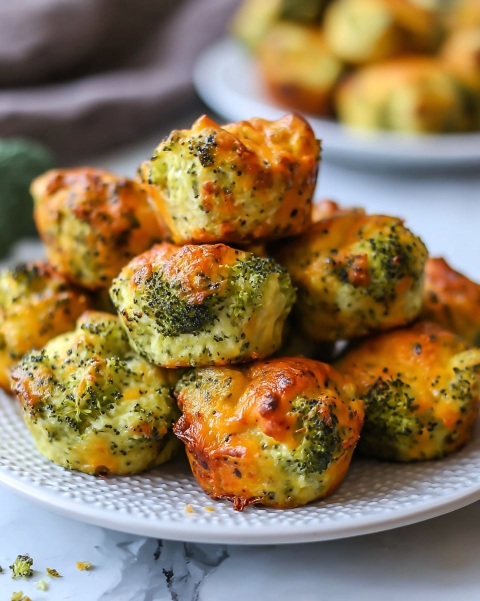 A white plate filled with multiple small, round broccoli cheese bites stacked close together, each bite showing a textured green broccoli base mixed with melted, golden-orange baked cheese on the surface. The cheese has spots of darker browning, giving a crispy appearance on top of the soft, green broccoli. Some bits of cheese and broccoli are scattered slightly around the plate edge. The background features a soft white marbled texture with blurred additional broccoli cheese bites visible further back. photo taken with an iphone --ar 4:5 --v 7