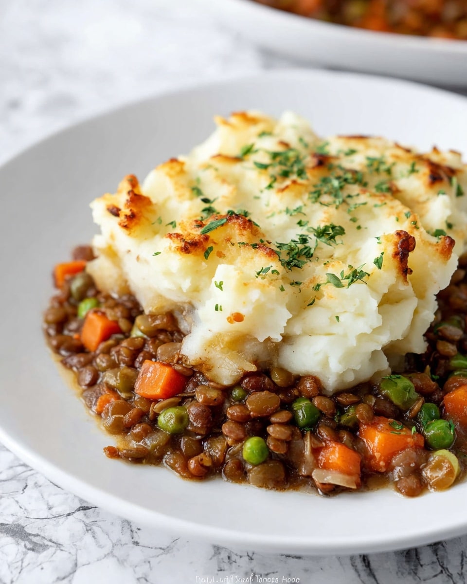 A white plate holds a two-layer dish placed on a white marbled surface. The bottom layer is a thick, chunky mix of dark brown lentils with bright orange carrot cubes and green peas mixed in, showing a hearty texture with visible small pieces of onion. The top layer is a fluffy, white mashed potato spread evenly and slightly mounded, with an uneven, piped texture that is browned at the peaks and sprinkled with small bits of chopped green herbs. The contrast between the creamy white topping and the rich brown and colorful vegetable filling creates an inviting look. Photo taken with an iphone --ar 4:5 --v 7