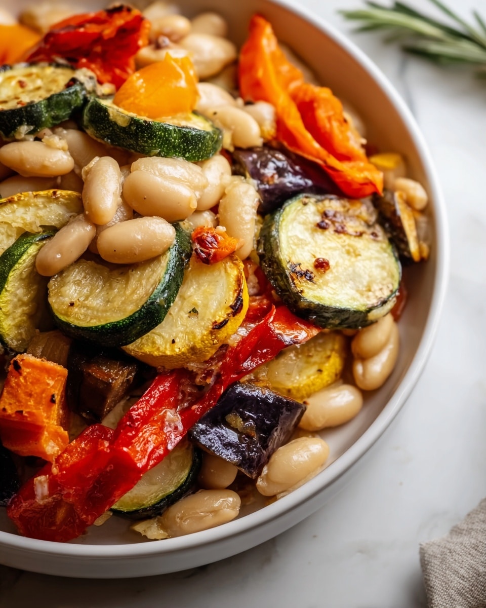 A white plate filled with a colorful mix of roasted vegetables and white beans on a white marbled surface. The bottom layer is made of creamy white beans spread evenly across the plate. On top, there are slices of golden brown roasted zucchini, bright orange carrot rounds, deep red roasted tomatoes, and tan roasted potatoes, all showing a slightly crispy and caramelized texture. The vegetables are mixed together, giving a warm and inviting look with some herbs sprinkled lightly. The overall dish looks fresh and vibrant with a rustic feel. Photo taken with an iphone --ar 4:5 --v 7