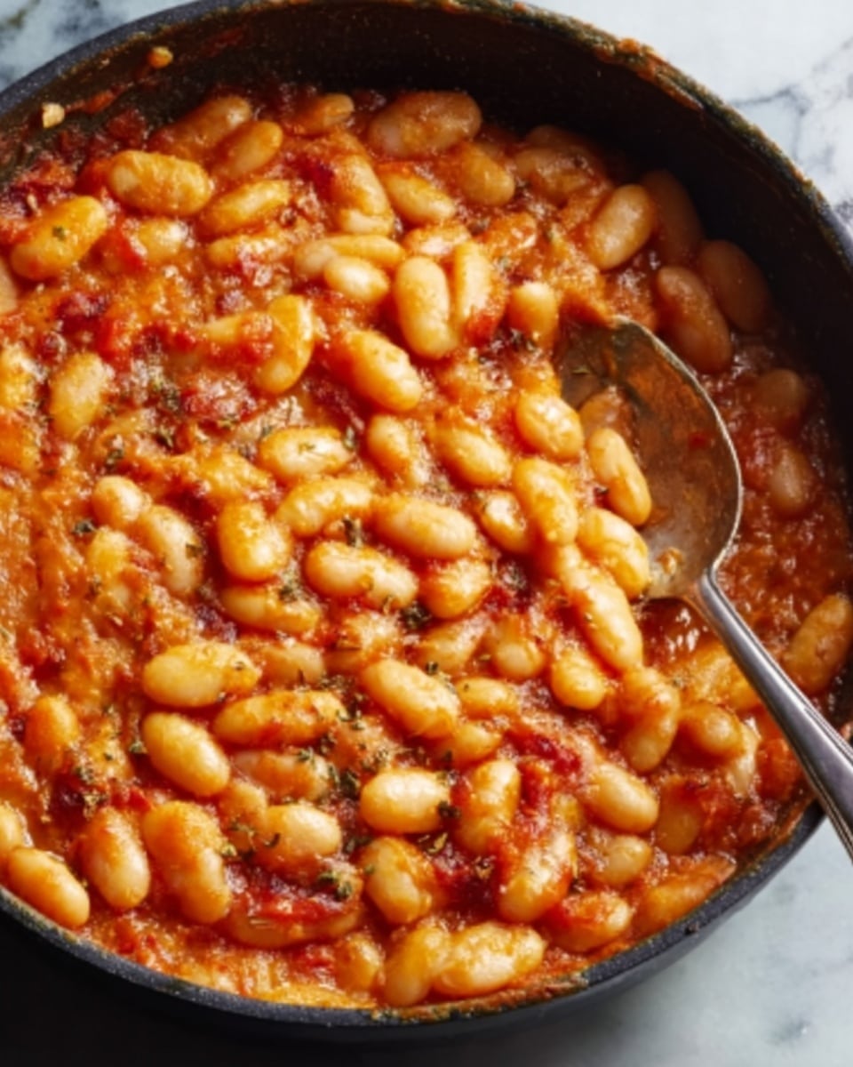 A close-up view of a black pan filled with small round white beans in a thick, reddish-orange sauce. The beans are soft and glossy, covered with a rich tomato-based sauce that has some specks of herbs and spices scattered on top. A silver spoon is placed inside the pan, lifting a scoop of the beans, showing their smooth texture and the sauce’s slightly chunky consistency. The background is a white marbled surface. photo taken with an iphone --ar 4:5 --v 7