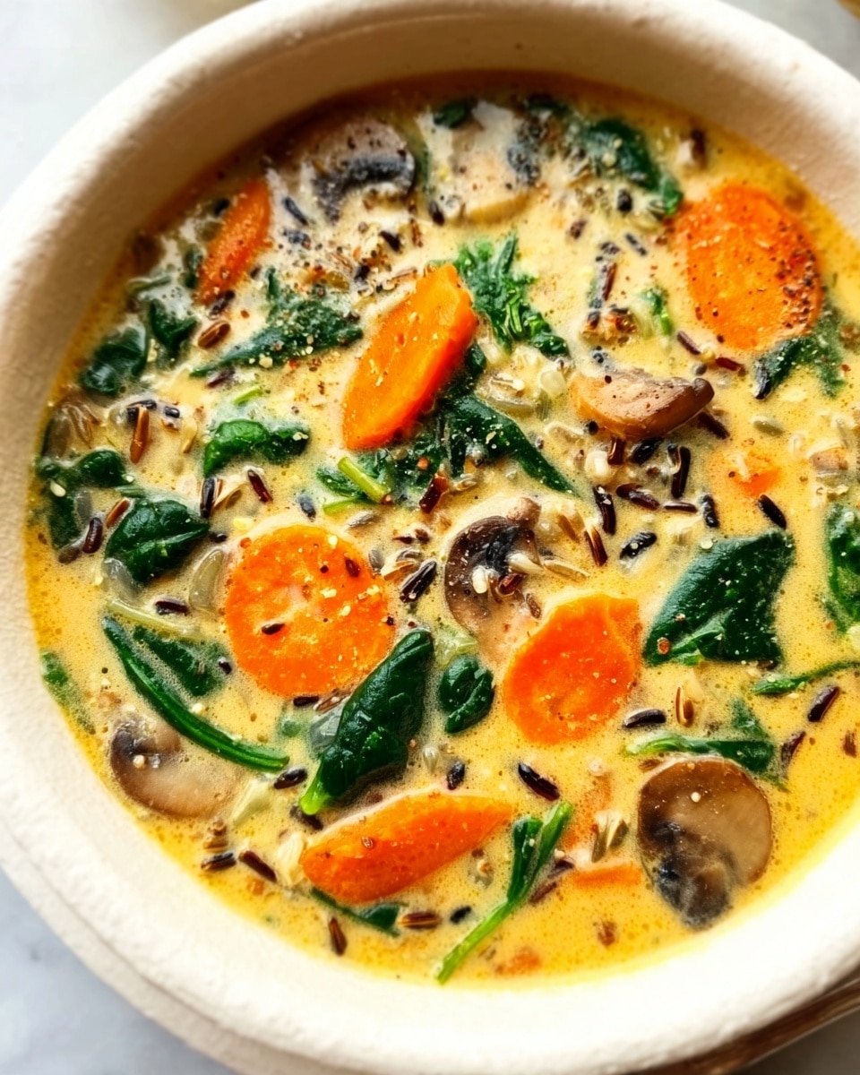 A creamy soup served in a white bowl, filled with bright orange carrot slices, dark brown mushroom pieces, and dark green spinach leaves scattered evenly throughout the light beige creamy broth. Small black grains, likely wild rice, are mixed in for texture. The soup appears warm and slightly thick with visible small bits of herbs. The bowl sits on a white marbled surface. Photo taken with an iphone --ar 4:5 --v 7