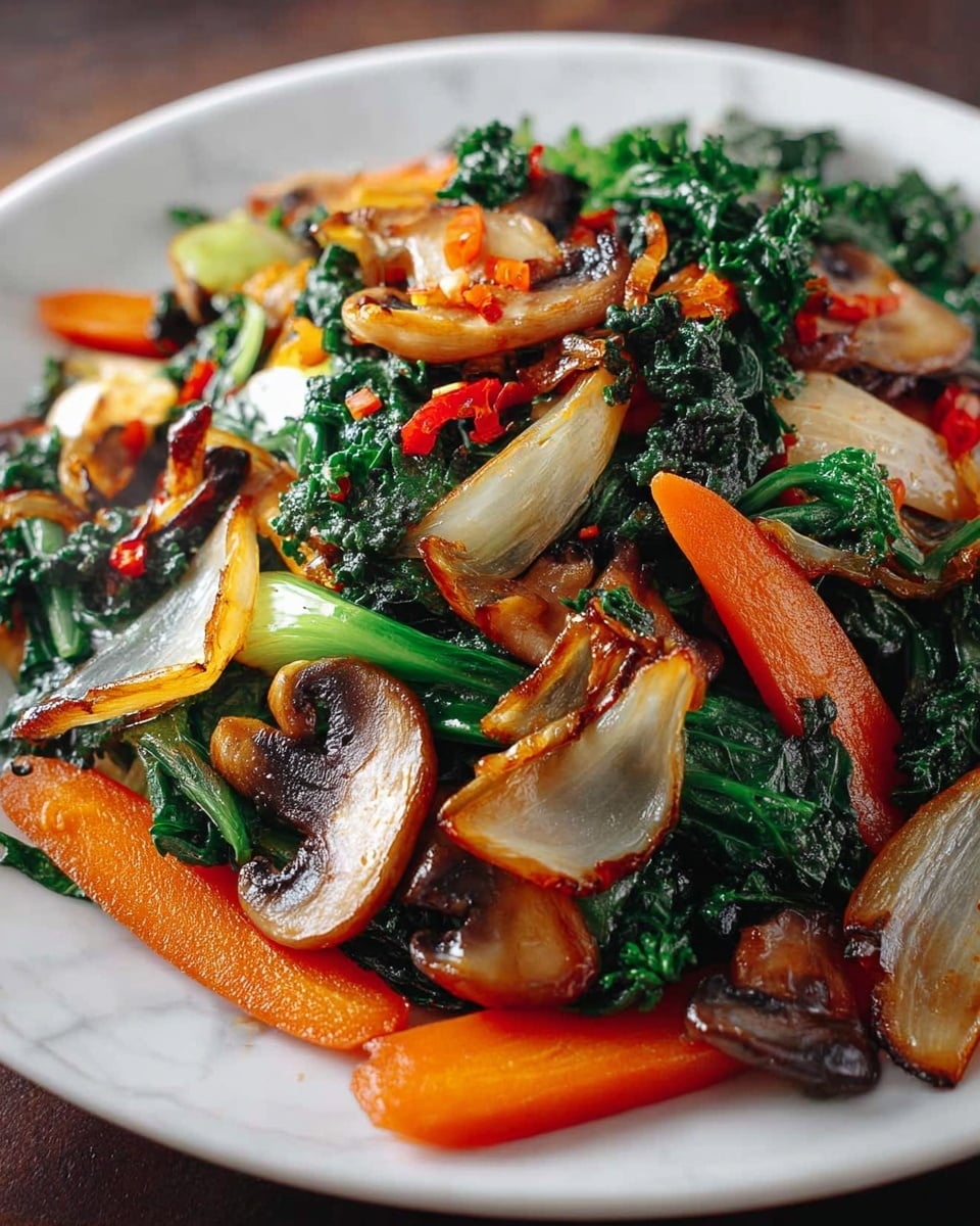 A close-up of a white square plate filled with sautéed mixed vegetables including bright green leafy broccolini, glossy dark brown grilled mushrooms, golden brown caramelized onion wedges, and vibrant orange carrot sticks. The vegetables appear tender and slightly charred with a shiny, oily surface, and some small red chili flakes are scattered for garnish. Steam rises from the hot dish, giving a fresh, warm feel. The plate sits on a white marbled textured surface. photo taken with an iphone --ar 4:5 --v 7