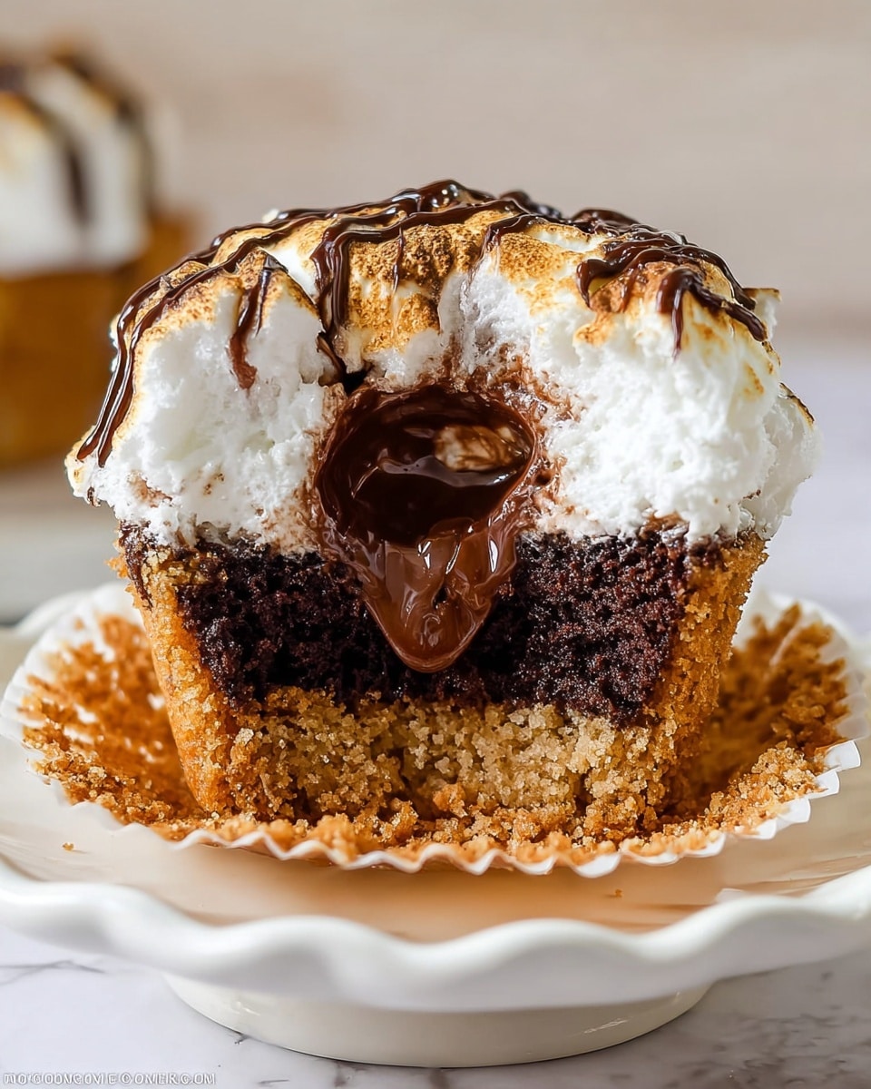 The image shows a cupcake cut in half, placed on a white plate with a scalloped edge, on a white marbled surface. The cupcake has three main layers: the bottom layer is a golden, crumbly cookie crust; the middle layer is a dark, moist chocolate cake with a gooey, melted chocolate center melting from the middle; the top layer is a thick, creamy white marshmallow frosting with a slightly toasted surface, drizzled with fine lines of chocolate. The textures contrast between crumbly, soft cake, smooth filling, and fluffy topping. Photo taken with an iphone --ar 4:5 --v 7