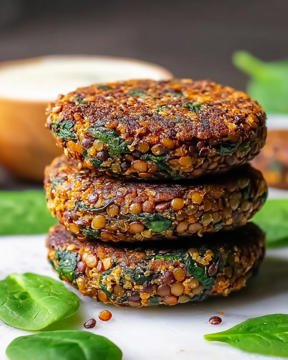 The image shows three thick, round lentil patties stacked on top of each other. Each patty has a textured surface with visible lentils in shades of orange and brown mixed with green leafy bits, likely spinach, giving each layer a speckled and hearty appearance. The edges are slightly crisp and browned, showing a cooked, slightly crunchy texture. The stack is placed on a wooden board, with fresh green spinach leaves scattered around it. In the background, there is a small white bowl filled with a creamy sauce, slightly blurred out to keep focus on the lentil patties. The whole setup is on a white marbled surface, providing a clean and bright look. Photo taken with an iphone --ar 4:5 --v 7