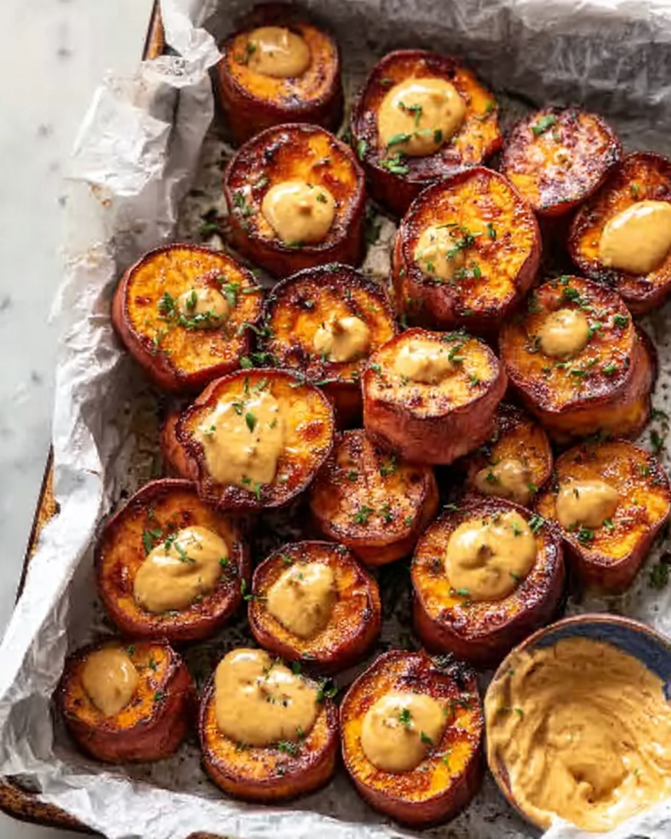 The image shows a silver tray lined with white parchment paper that holds multiple stacked stacks of roasted red potatoes. Each stack is about two to three pieces high, with golden-brown and slightly charred edges. On top of each stack, there is a dollop of smooth, yellowish mustard sauce, adding a creamy texture. Small green herb bits are sprinkled throughout the potatoes, giving a fresh touch. The whole scene is set on a white marbled surface. photo taken with an iphone --ar 4:5 --v 7