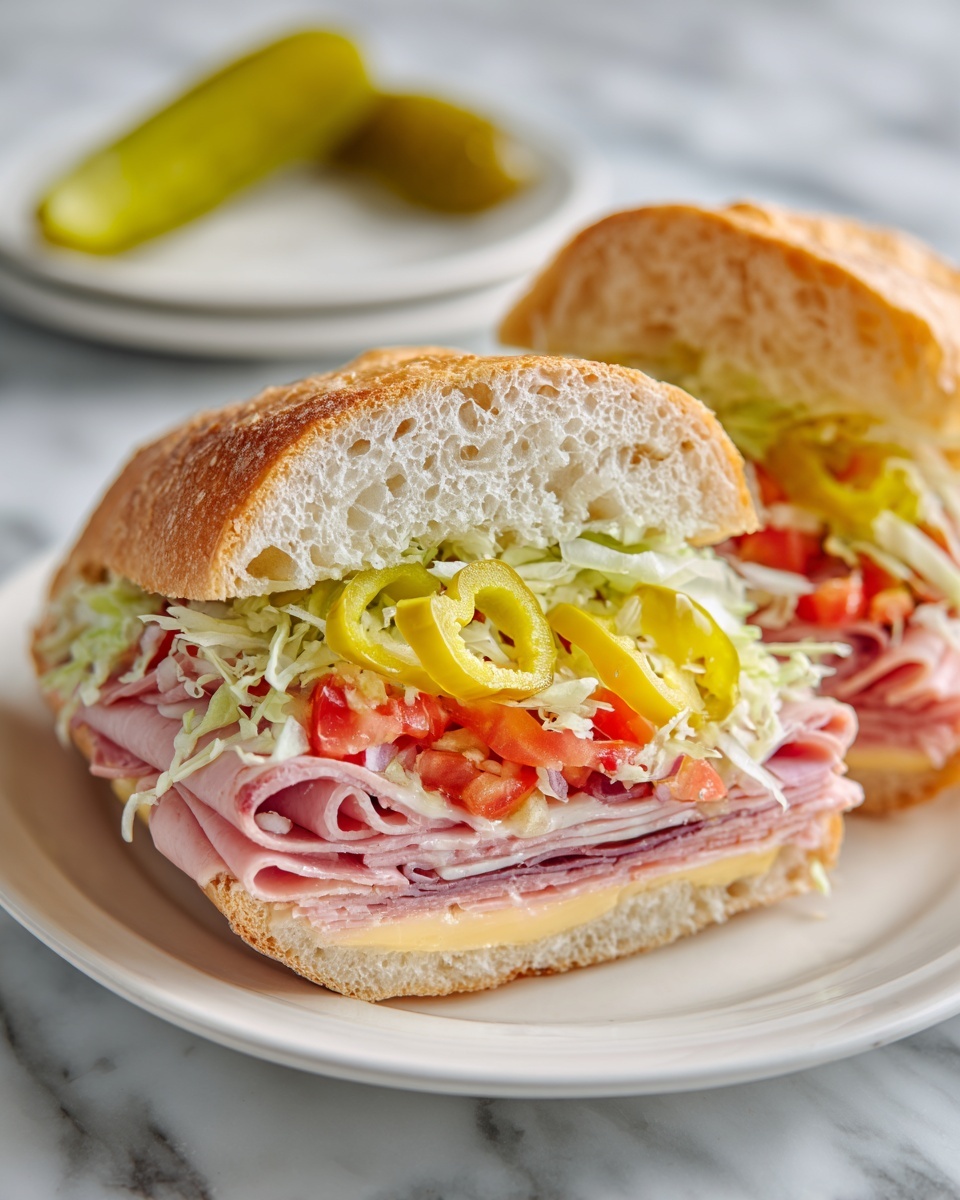 The image shows a sandwich cut in half on a white plate with a white marbled surface underneath. The sandwich has a crusty baguette bread exterior that is light brown and soft on the inside. Inside, there are multiple layers: thinly sliced deli meats in pinkish tones form the bottom layer, topped by a layer of pale yellow cheese. Above the cheese, there are bright yellow banana pepper slices, green shredded lettuce, and small pieces of red tomato, adding bright and fresh colors. In the background on the same plate, there is a green pickle, slightly blurred. The scene is well-lit, showing the fresh textures and colors clearly. Photo taken with an iphone --ar 4:5 --v 7
