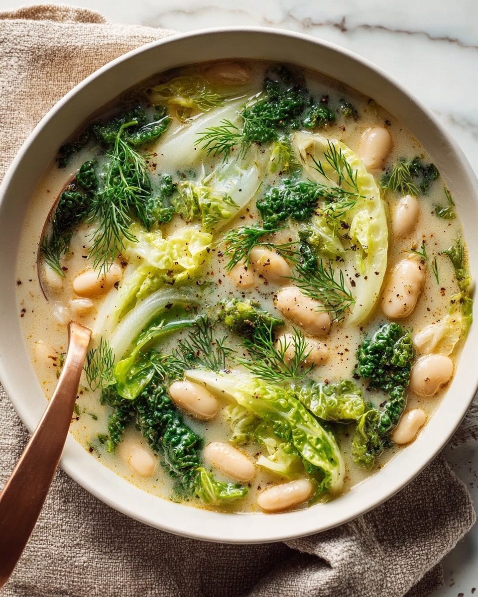 The dish is a creamy soup served in a white bowl on a light beige cloth beside a copper spoon. The soup has a pale yellow, smooth base layer filled with whole white beans scattered evenly across the surface. Floating on top are bright green, textured cabbage leaves and sprigs of fresh dill, adding vibrant color and detail. Tiny dark specks of ground black pepper are sprinkled around the ingredients, giving a subtle contrast to the light soup. The bowl sits on a white marbled surface. photo taken with an iphone --ar 4:5 --v 7