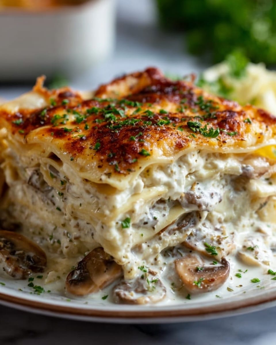 The image shows a slice of mushroom lasagna on a white plate set on a white marbled surface. The lasagna has multiple visible layers, starting with a creamy white sauce mixed with small mushroom pieces at the bottom, followed by flat pasta sheets, then a thick layer of a rich mushroom and cream filling with finely chopped herbs, topped again by pasta sheets. The top layer is golden brown with baked cheese, browned in some spots, and sprinkled with fresh green parsley, adding a touch of color and texture. The edges of the lasagna slice are slightly browned and crispy. Photo taken with an iphone --ar 4:5 --v 7