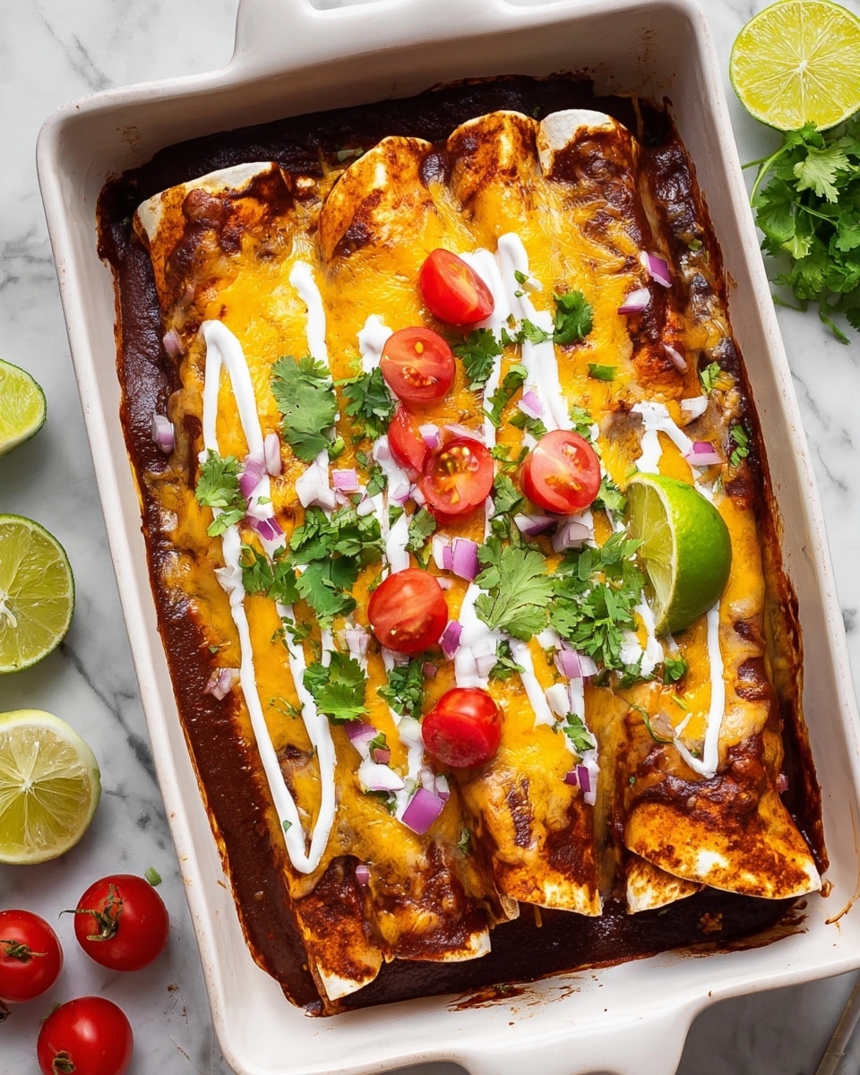 The image shows a white rectangular baking dish filled with three folded enchiladas laid side by side, each covered with melted yellow and light brown cheese that is slightly browned. Beneath the enchiladas, there is a thick, dark red sauce evenly spread to cover the bottom of the dish. On top of the cheese, white sour cream is drizzled in diagonal lines. Bright green cilantro leaves are scattered across the dish, with small cubes of purple onion and halved red cherry tomatoes adding pops of color. A lime wedge sits near the center on top of one enchilada. Around the dish, lime wedges and cilantro leaves rest on a white marbled surface, with a small white bowl of chopped cilantro visible in the upper left corner. photo taken with an iphone --ar 4:5 --v 7
