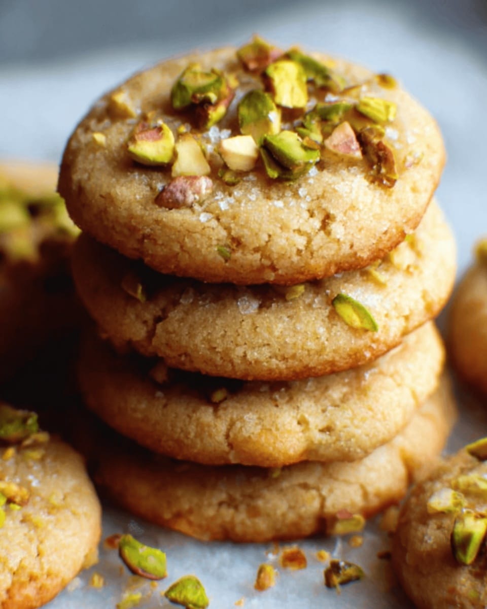 A close-up of a stack of five soft cookies with a golden-brown color, each topped with chopped nuts including pistachios and smaller nut pieces, showing a slightly cracked texture on the surface. The cookies rest on a dark tray, contrasting with the white marbled texture background. The focus is sharp on the top cookie, highlighting the nut details and the soft, chewy look of the cookies. photo taken with an iphone --ar 4:5 --v 7