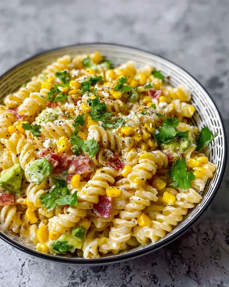 A close-up view of a bowl filled with creamy rotini pasta salad. The rotini pasta is light yellow and twisted, forming the base layer. Mixed throughout are bright yellow corn kernels and chunks of green avocado, adding vibrant color. Small pieces of reddish bacon are scattered evenly across the salad. Fresh green cilantro leaves are sprinkled on top, and there are small dollops of white cheese. The bowl itself is white with a dark textured interior, placed on a white marbled surface. photo taken with an iphone --ar 4:5 --v 7