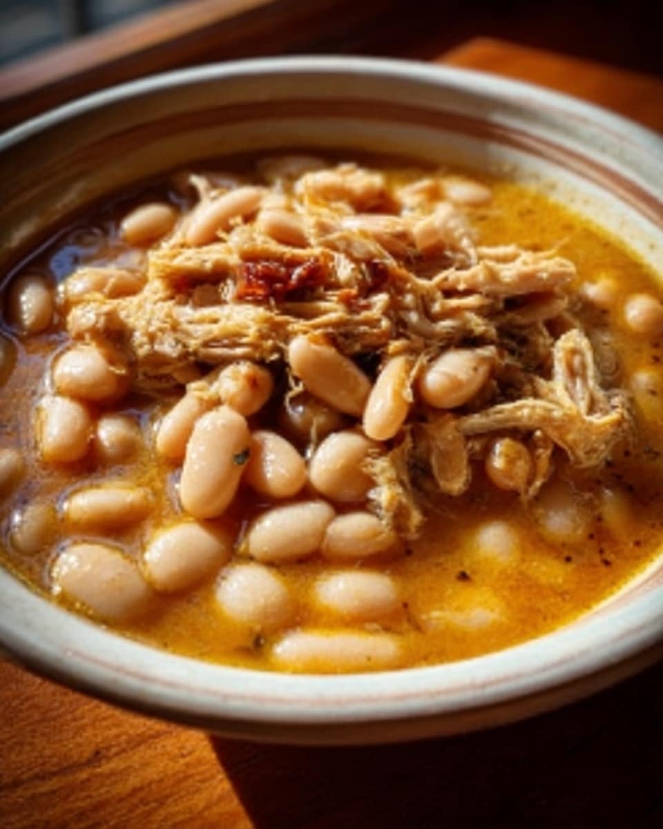 A ceramic bowl filled with a thick soup containing white beans and shredded pieces of meat, with a few small bits of red visible among the beans. The soup has a light orange broth with some herbs or small spices floating on the surface. The bowl is placed on a wooden surface, softly lit with natural light. Photo taken with an iphone --ar 4:5 --v 7