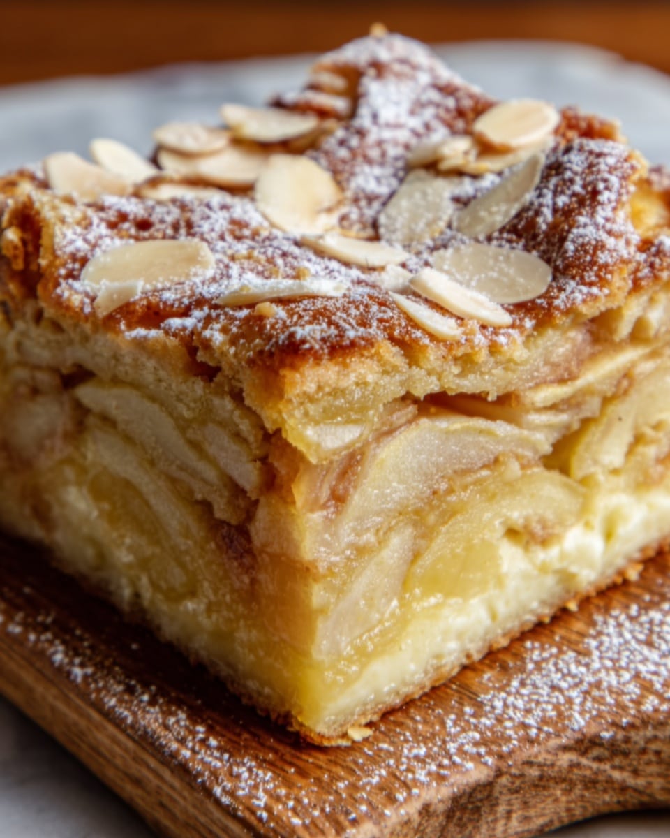 A close-up of a square slice of dessert with multiple thin layers of golden-brown baked pastry and cream inside, topped with a light dusting of powdered sugar and almond slices on the surface. The dessert has a slightly shiny texture from the creamy filling peeking out at the bottom edge. It is placed on a wooden board with a white marbled texture background. Photo taken with an iphone --ar 4:5 --v 7