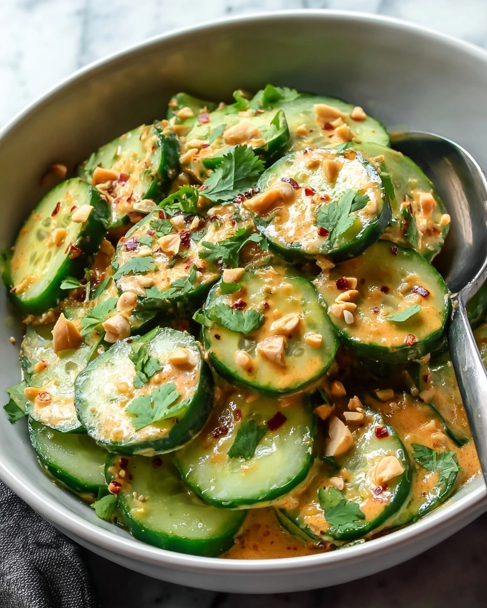 A close-up of a bowl filled with several layers of thick cucumber slices, each slice showing a bright green edge and a pale green center with a moist texture. The cucumbers are coated in a light orange sauce with a creamy look, speckled with small red chili flakes and chopped peanuts. Sprinkled fresh green cilantro leaves are scattered over the top, adding a pop of color. A silver spoon rests inside the bowl, with the bowl placed on a white marbled surface. photo taken with an iphone --ar 4:5 --v 7