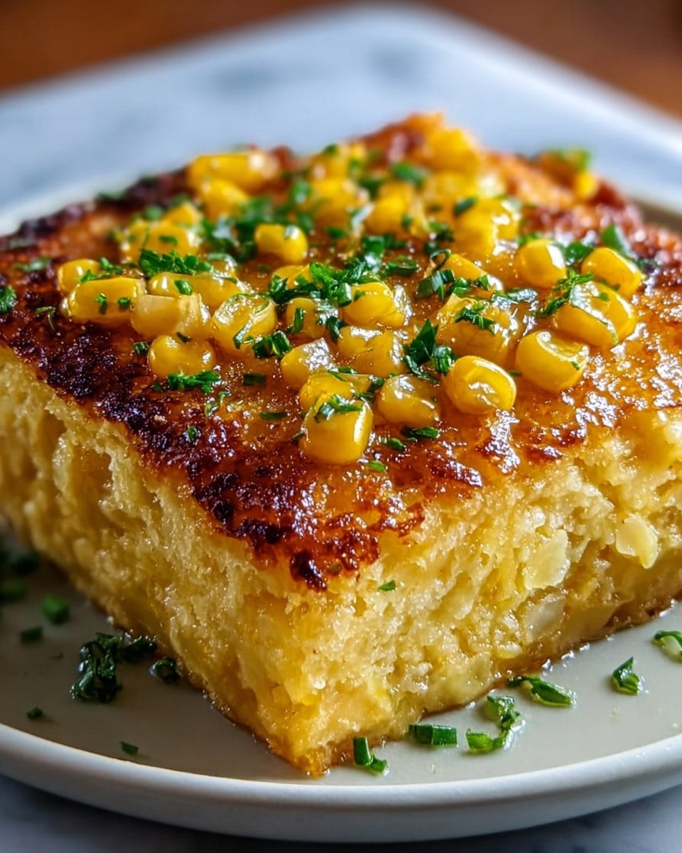 The image shows a square piece of golden corn pudding on a white plate with a dark rim. The top layer is caramelized and browned, covered with bright yellow corn kernels and sprinkled with finely chopped green herbs. The inside layer is soft and creamy with a pale yellow color, showing a slightly textured surface. There is a small pool of shiny melted butter or oil around the base of the pudding, enhancing its moist appearance. The plate sits on a white marbled surface. Photo taken with an iphone --ar 4:5 --v 7