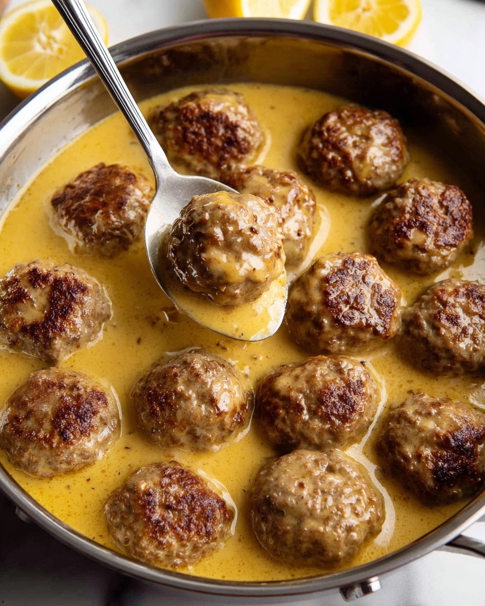 A close-up view of a stainless steel pan filled with sixteen browned meat patties evenly spread in a thick, light yellow creamy sauce, with visible black pepper specks on top. The meat patties have a rough, slightly crispy texture with charred dark spots resting in the smooth sauce that almost covers them. A stainless steel spoon is partially visible on the right side, slightly submerged in the sauce like it’s ready to serve. On the upper left, there are two lemon halves partly showing on a white marbled surface beneath the pan. photo taken with an iphone --ar 4:5 --v 7