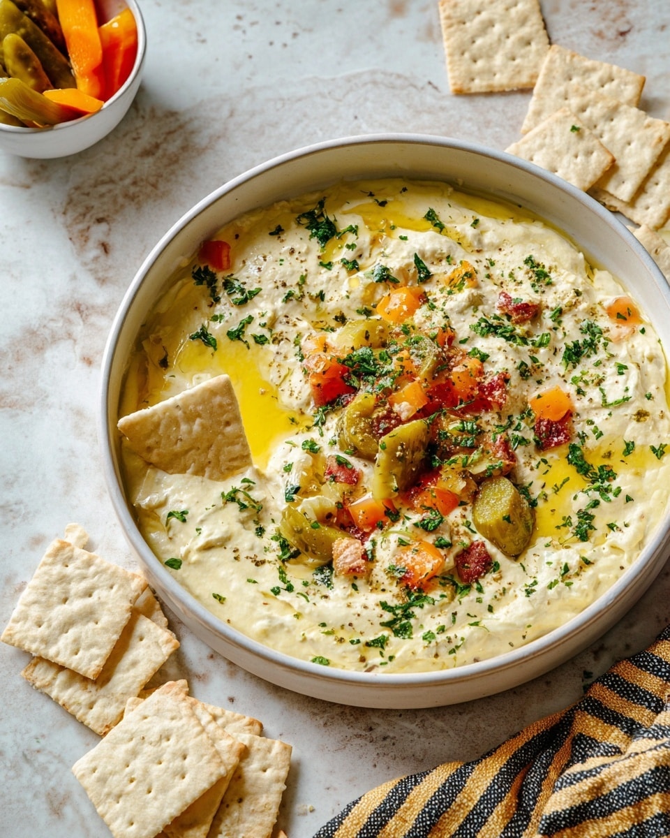 A large beige bowl filled with creamy white dip that has small chunks of yellow, orange, and green vegetables mixed in, topped with finely chopped green herbs and grated cheese. A single triangular cracker is dipped into the center of the dip. Around the bowl, there are several square crackers scattered on a white marbled surface. In the background, there is a smaller beige bowl containing more of the vegetable mixture. A striped cloth is placed near the larger bowl. photo taken with an iphone --ar 4:5 --v 7