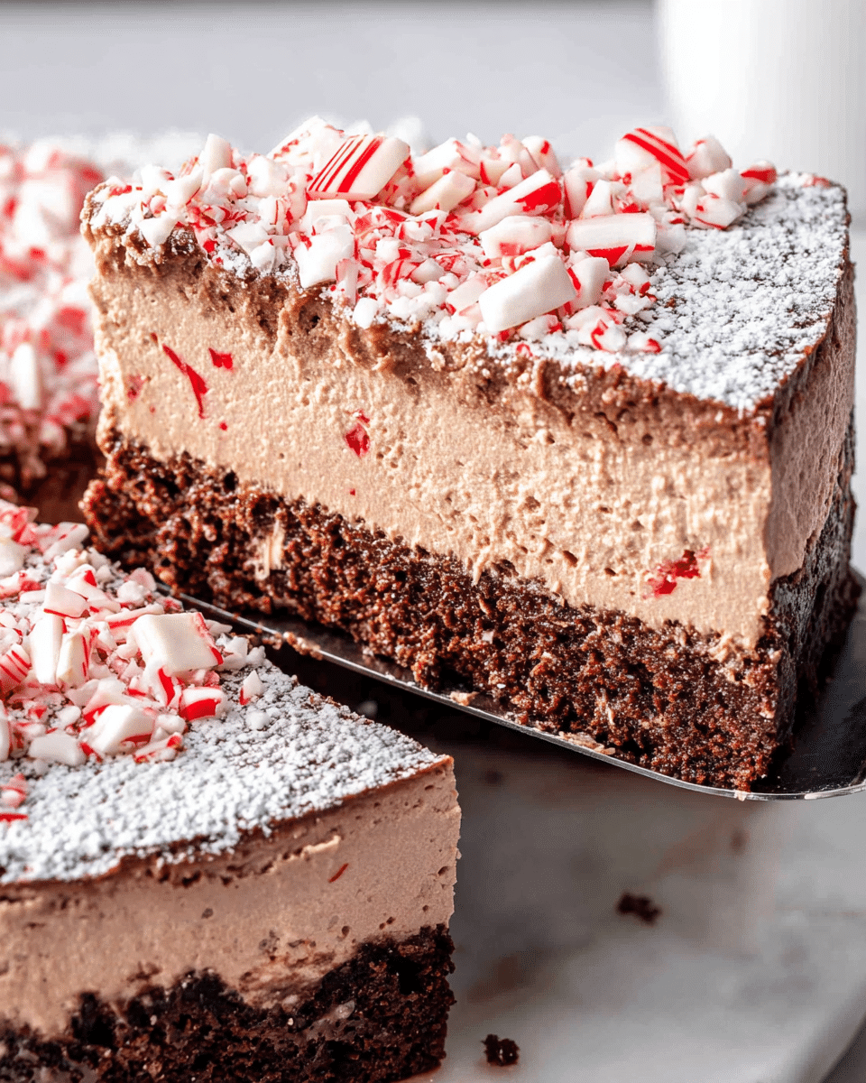 A round, sliced dessert with three visible layers sits on a white marbled surface. The bottom layer is dark brown, smooth, and thin, acting as a crust. The middle layer is thick, light brown with a creamy and slightly bubbly texture, suggesting a mousse or cheesecake filling. The top layer is dusted with white powdered sugar and scattered with broken red-and-white peppermint candy pieces, adding a festive touch. The dessert is cut into several triangular slices, and nearby lies a knife with a black handle. Photo taken with an iphone --ar 4:5 --v 7