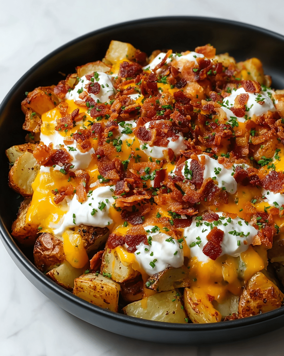 A white bowl is filled with thick wedges of golden roasted potato pieces as the base layer, topped with a generous layer of melted bright orange cheddar cheese. On top of the cheese, there is a drizzle of smooth white sour cream spread unevenly, followed by a scattering of crispy, dark reddish-brown bacon bits. The dish is finished with small sprinkles of fresh green chopped parsley evenly spread over all the layers, creating a colorful and appetizing look. The bowl sits on a white marbled surface. photo taken with an iphone --ar 4:5 --v 7