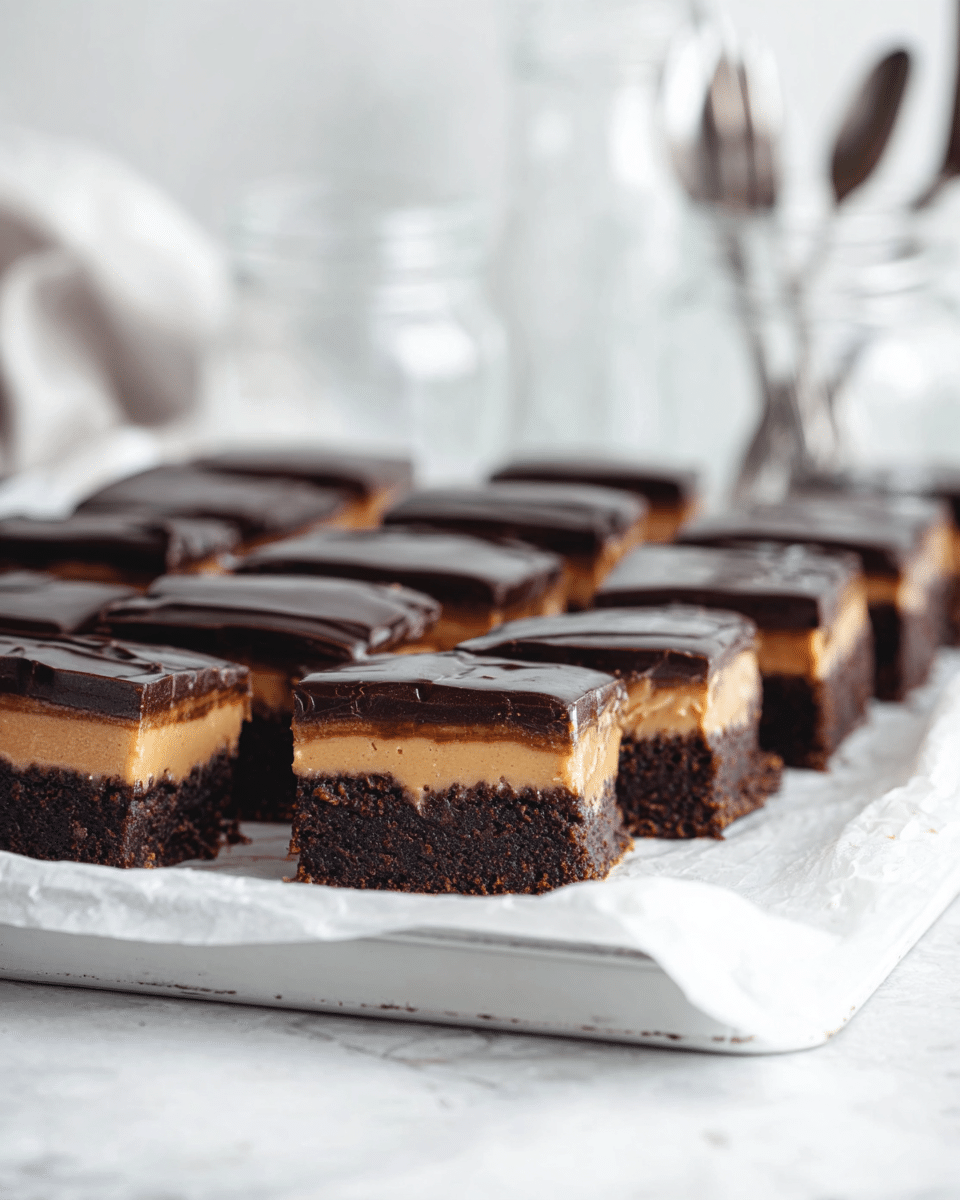 A group of nine square layered brownies is arranged in three rows on a white tray lined with parchment paper. Each brownie has three layers: the bottom layer is a dark, dense, and moist chocolate cake, the middle layer is a smooth, thick peanut butter filling with a light brown color, and the top layer is a shiny, rich chocolate glaze with a reflective surface. The tray rests on a white marbled surface, with some chocolate crumbs scattered around it. The background is softly blurred, showing faint shapes of glass containers and utensils. photo taken with an iphone --ar 4:5 --v 7