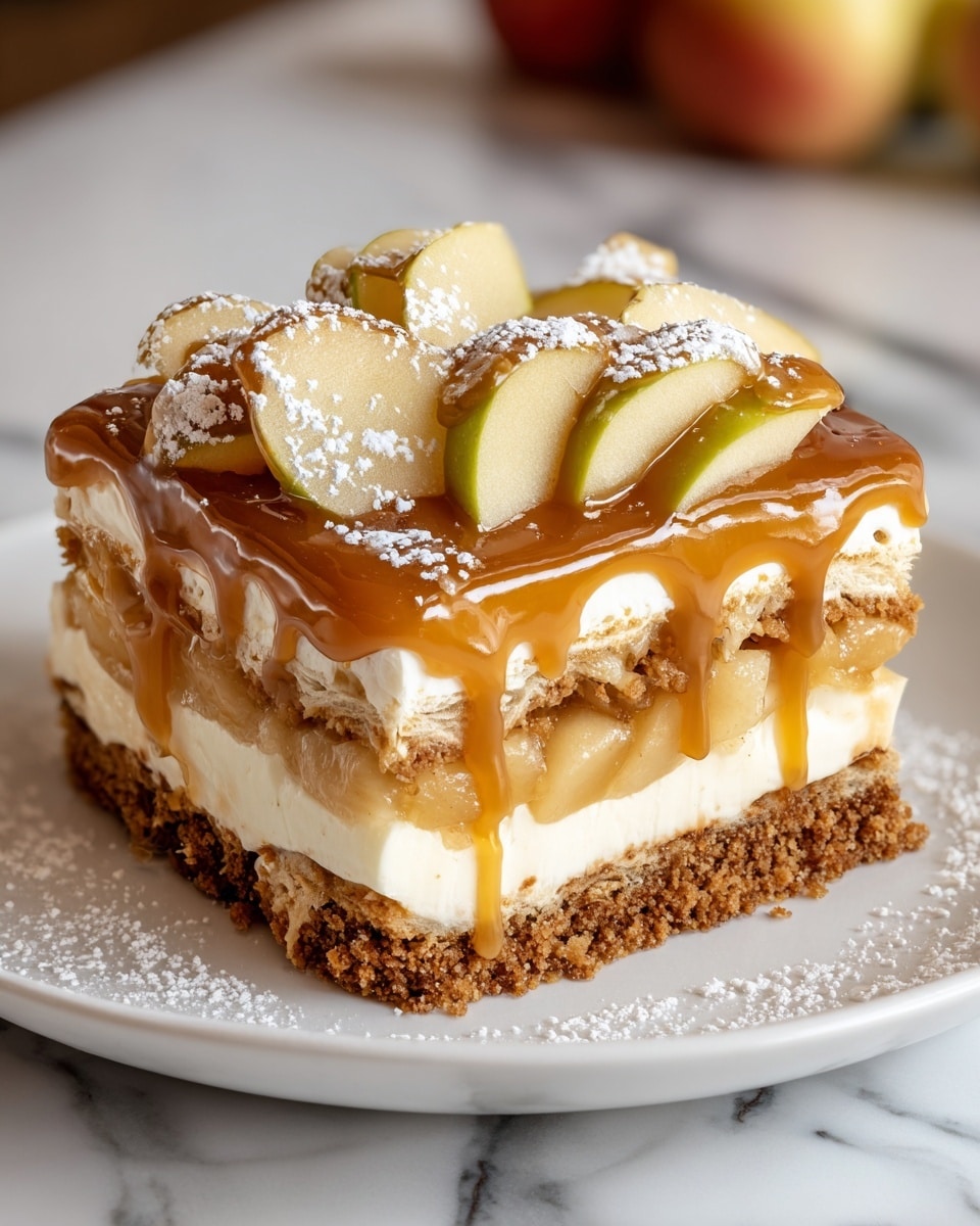 The image shows a rich dessert slice with four distinct layers on a white plate placed on a white marbled surface. The bottom layer is a crumbly, golden-brown crust that looks crunchy. Above it is a thick, creamy white filling mixed with chunks of soft, light yellow apple pieces. The next layer repeats the crumbly crust but looks slightly soaked with a light caramel sauce. On top of this is another thick creamy white layer followed by more apple chunks. The dessert is finished with a glossy, amber caramel sauce evenly spread over the top, with some apple slices arranged on it. A light dusting of white powdered sugar adds a delicate touch on the top. Photo taken with an iphone --ar 4:5 --v 7