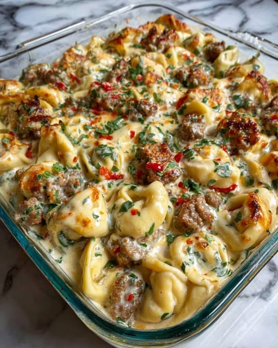 A close-up view of a clear glass square baking dish filled with creamy tortellini pasta mixed with browned sausage pieces and small bits of red bell pepper, all covered in a thick, white cream sauce sprinkled with chopped green herbs. The pasta is yellowish with smooth, curved edges and the sausage pieces are browned and chunky, creating a rich mix of colors and textures throughout the dish. The baking dish is placed on a white marbled surface. Photo taken with an iphone --ar 4:5 --v 7