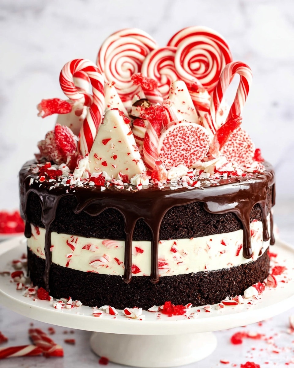 A two-layer chocolate cake with thick white peppermint cream filling and small red candy pieces inside the cream, topped with a dark chocolate drip that flows unevenly down the sides. The top is decorated with large triangular white chocolate bark pieces covered with crushed red candies, red and white swirled round lollipops, striped candy sticks, and curled peppermint ribbons arranged in a dense cluster. The cake sits on a white plate surrounded by scattered pieces of crushed peppermint candy, all set against a white marbled texture. photo taken with an iphone --ar 4:5 --v 7