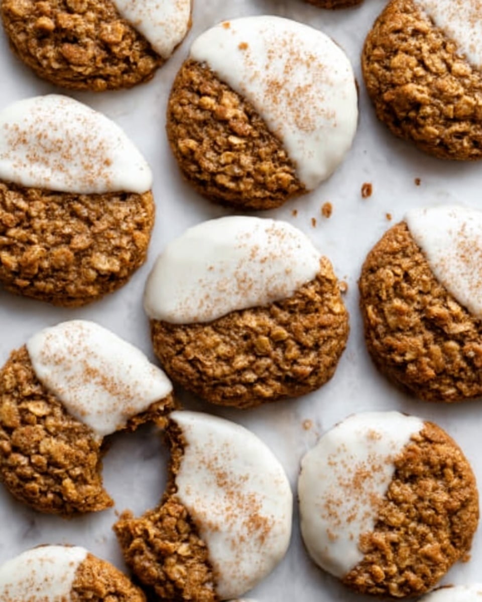 The image shows multiple oatmeal cookies arranged closely on a white marbled surface. Each cookie has a rough, textured top with visible oats, and some are half-dipped in white icing sprinkled lightly with a brown powder. The cookies are golden brown with varying shades from light to darker brown, indicating a baked, slightly crispy texture. Some cookies have bite marks showing a soft, crumbly interior. The overall look is warm and inviting, emphasizing the contrast between the cookie's rough texture and the smooth, glossy icing. Photo taken with an iphone --ar 4:5 --v 7
