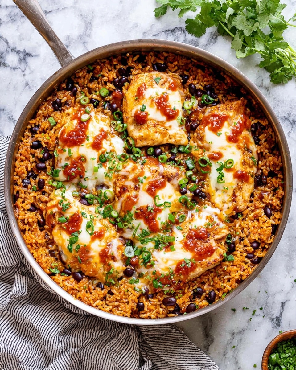 A round metal pan contains a layered dish with a base of light brown cooked rice mixed with black beans and some seasoning. On top, there are five cooked chicken breasts, evenly placed, each covered with melted yellow and white cheese and small bites of red tomato sauce. The dish is sprinkled with chopped green onions and small fresh green herb leaves. There is a light striped cream and beige cloth partially visible in the top right corner, and some green cilantro sprigs lie on the white marbled surface near the pan. Photo taken with an iphone --ar 4:5 --v 7