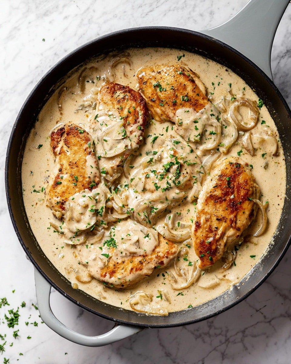 A gray cast iron skillet filled with four golden-brown chicken breasts partially covered in a thick, creamy beige sauce with visible slices of sautéed onions; the sauce has a smooth texture and is sprinkled with finely chopped green herbs and black pepper flakes. The skillet handle is positioned to the right, and the dish sits on a white marbled textured surface with a few scattered bits of green herbs around it. photo taken with an iphone --ar 4:5 --v 7