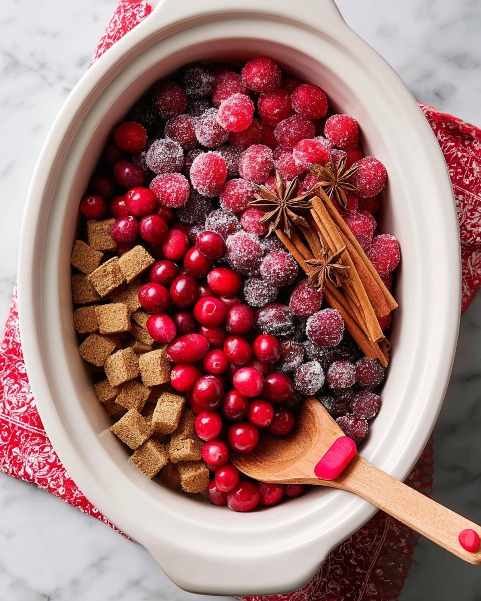 A white ceramic slow cooker filled with layered ingredients starting with chunks of brown sugar at the bottom left, followed by a mix of bright red fresh cranberries at the bottom right, a middle layer of frosted raspberries and dark red cherries covered lightly with sugar crystals near the center, and a top layer of fresh strawberries. There are also two cinnamon sticks and one star anise placed on the right side among the cranberries. A wooden spoon with a red silicone tip is resting inside the cooker on the right side, partly submerged in the fruit mixture. The whole setup sits on a white marbled surface with a red and white textured cloth peeking out on the bottom left. A few loose cranberries are scattered on the marble surface around the cooker. photo taken with an iphone --ar 4:5 --v 7