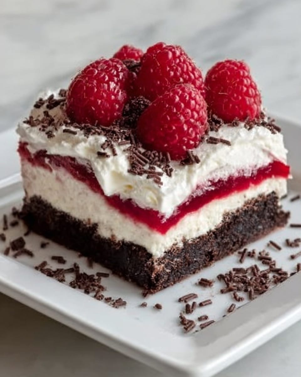 The image shows a square dessert with four visible layers on a white plate. The bottom layer is dark brown and looks like a thick, soft brownie. Above that is a thin bright red layer that appears to be a raspberry jam or jelly. The third layer is fluffy and white, resembling whipped cream spread thickly and evenly. On top, there are fresh red raspberries arranged in a small pile, and dark chocolate sprinkles scattered over the cream around the berries. The plate is placed on a white marbled surface. Photo taken with an iphone --ar 4:5 --v 7