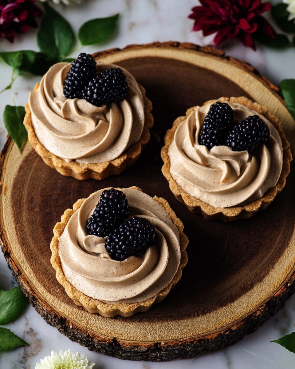 Three small tarts are placed on a round wooden board with a natural tree ring pattern. Each tart has a golden-brown crust base that supports a thick layer of smooth, light brown cream with soft peaks swirled on top. On each tart, there are three shiny, black blackberries clustered together near the edge of the cream layer. The wooden board sits on a white marbled surface, and red and white roses along with green leaves are arranged around the board, adding color and texture to the scene. photo taken with an iphone --ar 4:5 --v 7