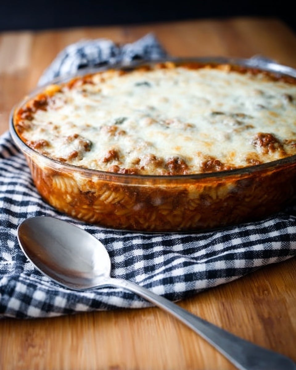 A clear oval glass baking dish holds a layered casserole placed on a light wooden surface with a white and black checkered cloth nearby; the bottom layer is a chunky brown meat sauce with visible pieces and a slightly oily texture, topped evenly by a thick, creamy white ricotta cheese layer with golden brown spots from baking, creating a smooth, slightly browned crust. In front of the dish is a shiny silver spoon resting on the wooden surface. The background is a white marbled texture. Photo taken with an iphone --ar 4:5 --v 7