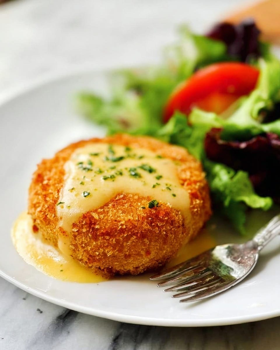 The image shows a white plate with a round, golden-brown breaded item in the center, topped with a smooth, creamy pale sauce sprinkled with small green herbs. Behind it, there is a small fresh salad with leafy green lettuce, a slice of red tomato, and a piece of yellow fruit or vegetable, slightly out of focus. The plate sits on a white marbled surface with a shiny silver fork in the background. photo taken with an iphone --ar 4:5 --v 7