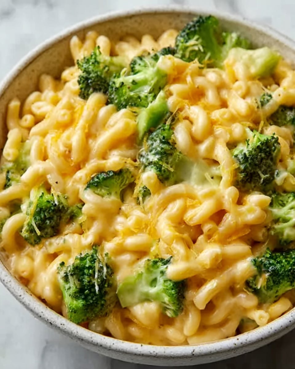 The image shows a close-up of a creamy macaroni and cheese dish with broccoli. The dish has two main layers: a top layer of bright green broccoli florets with a bumpy texture, and a thick layer of yellow, melted cheese-coated macaroni underneath. The macaroni is soft and glossy, filling the white bowl evenly. The broccoli pieces are scattered on top, creating a nice contrast between green and yellow. A spoon shines with melted cheese as it lifts a scoop from the bowl. The background features a white marbled texture. Photo taken with an iphone --ar 4:5 --v 7