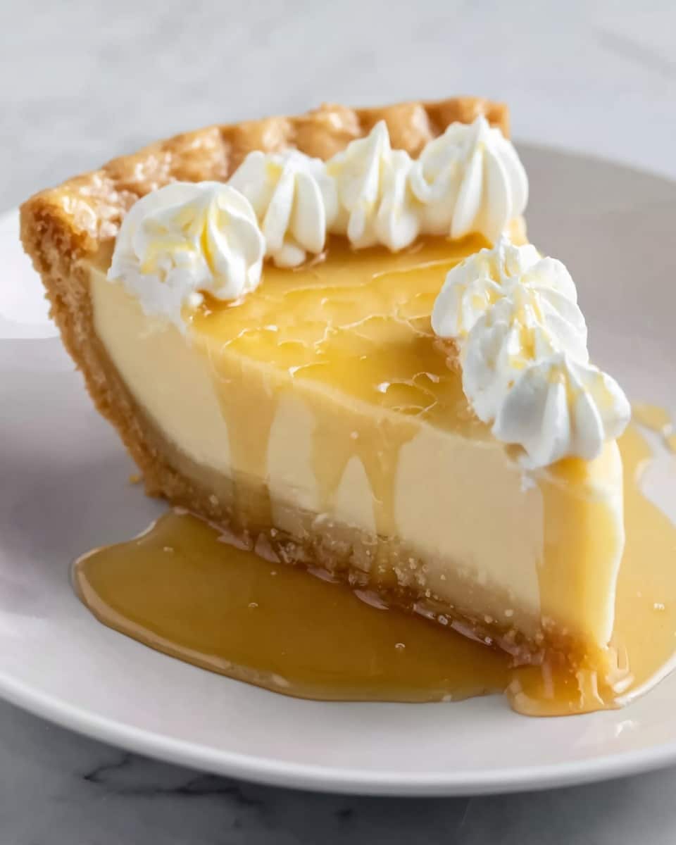 A single slice of pie sits on a white plate, featuring three clear layers: a light golden brown crust at the bottom, a thick and smooth pale yellow filling in the middle, and a shiny golden syrup drizzled over the top and around the plate. The pie is decorated with three small dollops of white whipped cream placed near the edge on top. The texture of the filling looks creamy and soft, while the crust appears firm and flaky. The background shows a soft focus with a white marbled surface. photo taken with an iphone --ar 4:5 --v 7