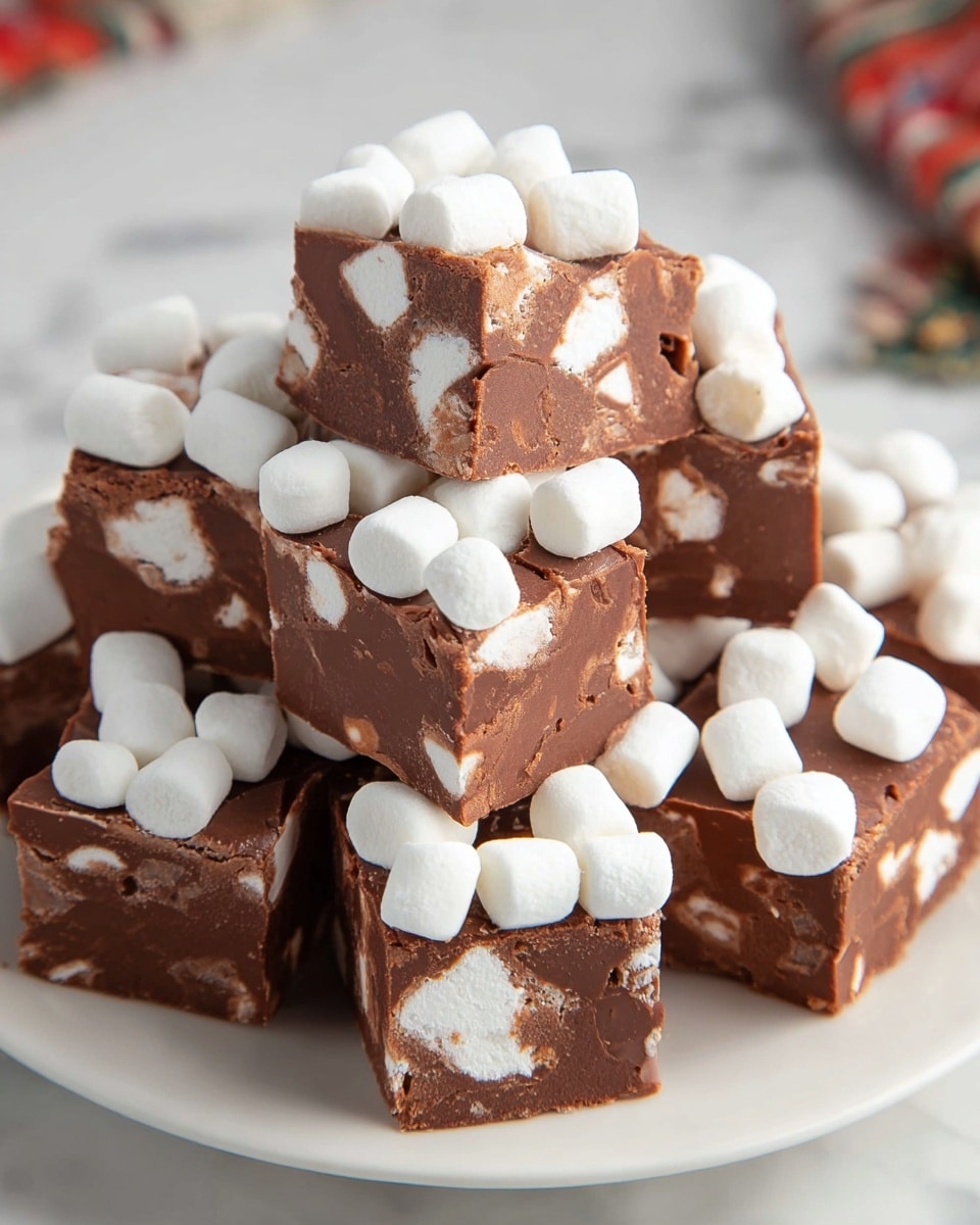 A white plate piled with thick chocolate fudge squares, each embedded generously with white mini marshmallows that peek through the dense, smooth chocolate layers, creating a contrast of soft white blobs against rich brown blocks. The fudge pieces are stacked somewhat unevenly, showing the textured surface of the marshmallows on top and inside, with a soft, slightly glossy finish that highlights the creamy chocolate. The background is a white marbled texture with blurred hints of holiday decor in warm, soft tones. photo taken with an iphone --ar 4:5 --v 7